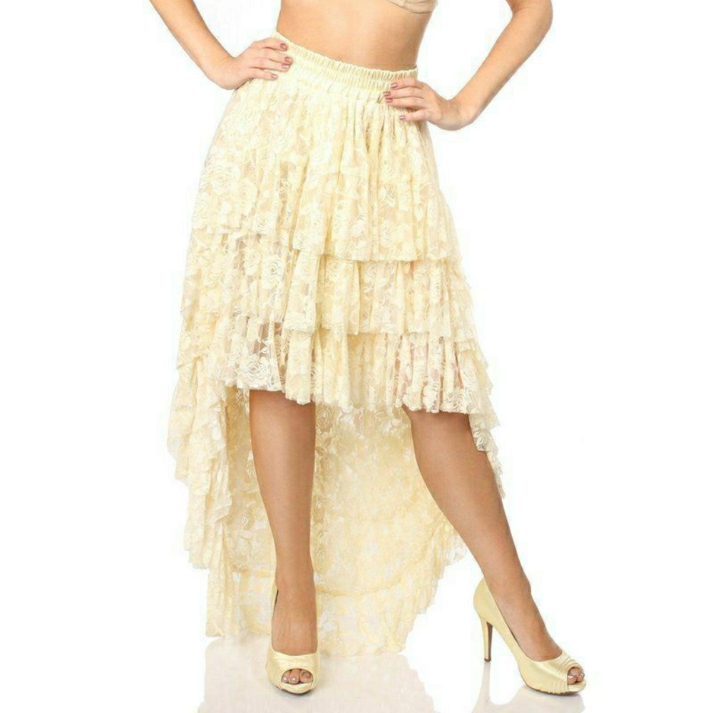 OS S M L Cream Floral Lace High Low Ruffled Tiered Semi Sheer Layered Maxi Skirt